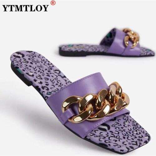 Slippers Summer Pu Leather Women Fashion Mule Shoes Slides Patchwork Sandal Ladies Zapatos Mujer Peep Toe Sexy Leopard Chain