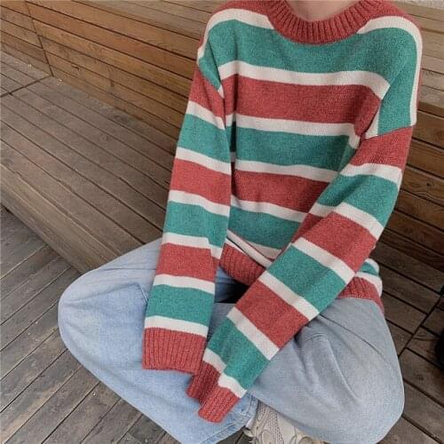 Winter Pullover WomenS Sweater O-Neck Lazy Style Color Blocking Long Sleeve Sweaters Ladies Casual Sweet Loose Harajuku Top