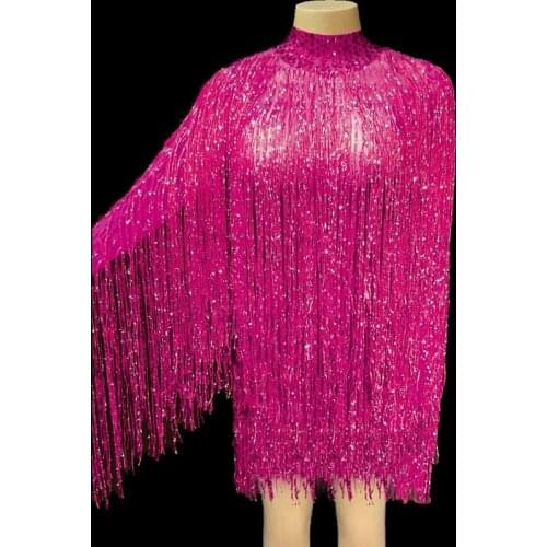 7 Colors Fringes Long Sleeve Short Dress Women Birthday Evening Party Dress Female Singer Stage Costume Net Yarn Tassel Dresses