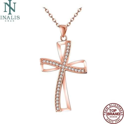 INALIS Personality Cross Pendant Necklaces For Women Rose Gold Plated Female Cubic Zirconia Necklace Anniversary Fashion Jewelry