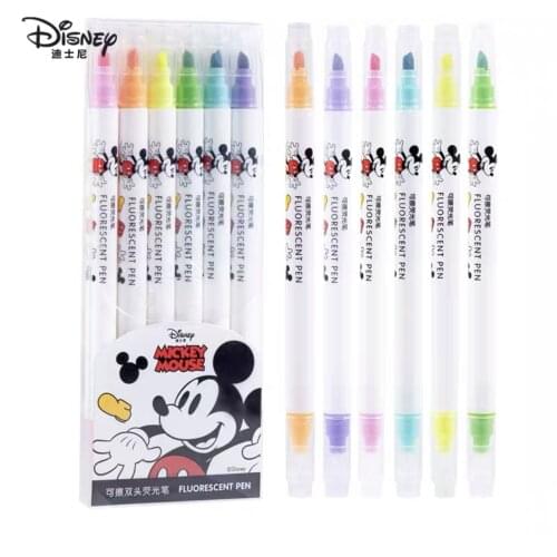 6pcs Disney Mickey Double-headed Erasable Highlighter Marker Pen Student Use Marker Pen Color Marker Painting Pen Learning Gift