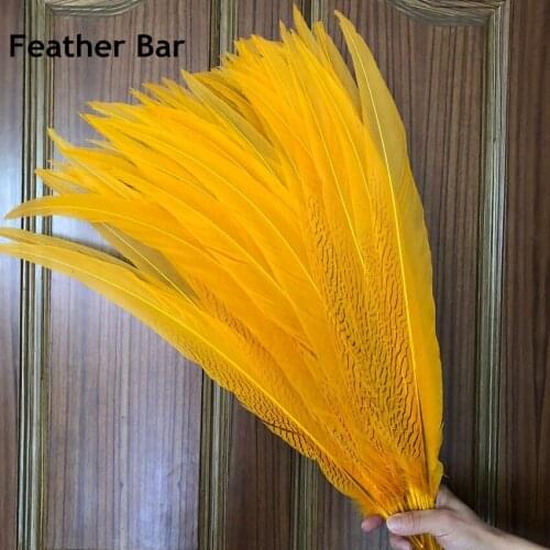 Free Shipping 50pcs Gold Yellow Dyed Silver pheasant Feathers 28-30 Inches 70-75cm Chicken Feather DIY Plumages Cloth accessorys