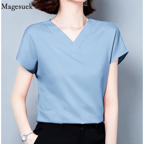 Office Lady Solid V-neck Short Sleeve Blouses Women Casual Summer New Silk Satin Shirts Plus Size M-4XL Loose Tops Clothes 10297
