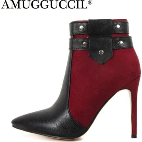 Plus Big Size 32-46 Black Red Blue Rivets Zip High Heel Spring Autumn Girls Females Lady Ankle Women Boots X1670