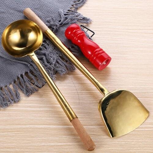 Wooden Handle Copper Spatula Pure Copper Spoon Commercial Spatula Spatula Porridge Spoon Brass Spatula Copper Spoon and Spatula