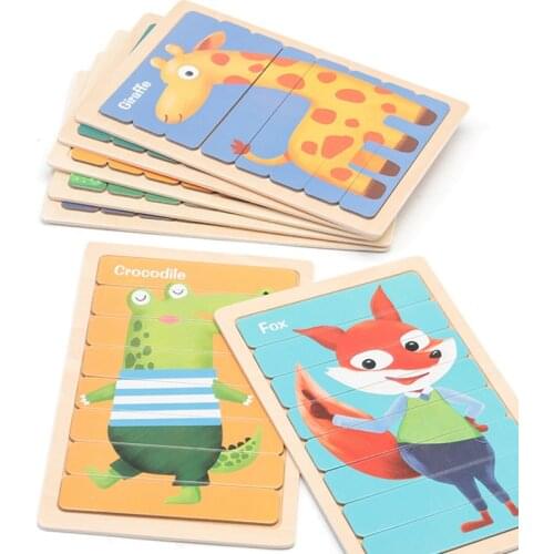 Kids Animal 3D Wooden Puzzle Montessori Toy Double-Sided Strip Puzzle Telling Story Stacking Jigsaw Educational Toy For Children