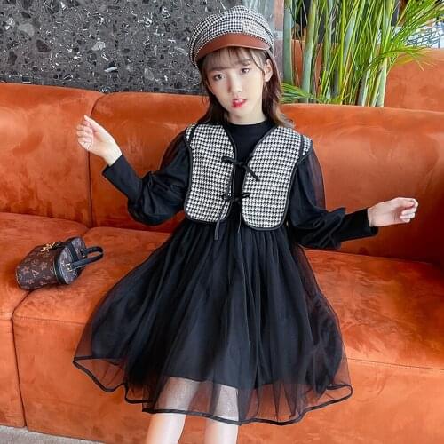 Girls Dress Mesh Spring Autumn Kids Long Sleeve Dress With Vest Princess Cotton Kids Dresses for Teenager Girls 4-14 Years Old