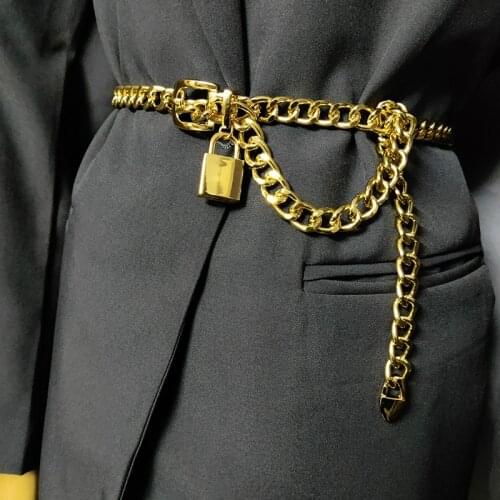 Gold chain belt lock metal belts for women cuban key chains silver punks dress waistband long ketting riem cummerbunds