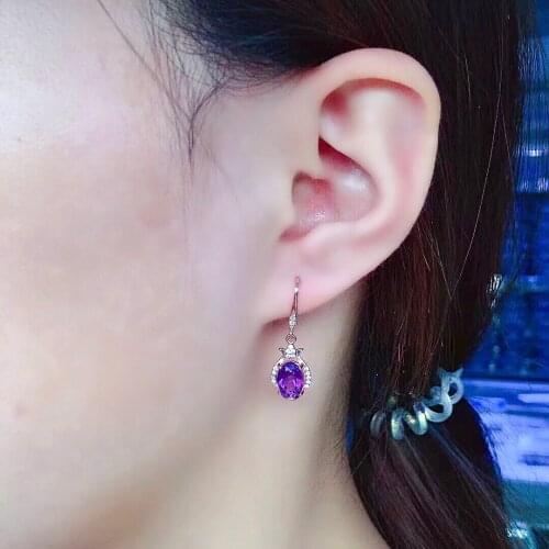 Classic 925 Silver Crystal Drop Earrings for Daily Wear 6mm*8mm Natural Amethyst Silver Earrings Serling Silver Amethyst Eardrop