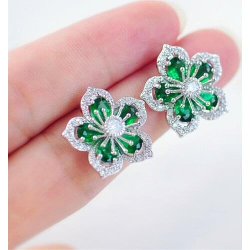 Luxury Female Crystal Green Stone Earrings Silver Color Stud Earrings For Women Classic Rainbow Flower Wedding Earrings