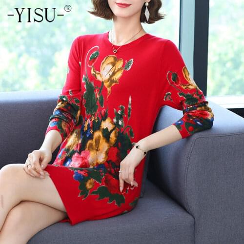 YISU 2021 Soft Autumn Women clothing Sweater O-Neck Printing Tops Female Jumper Loose Casual Long Knitted pullove Long