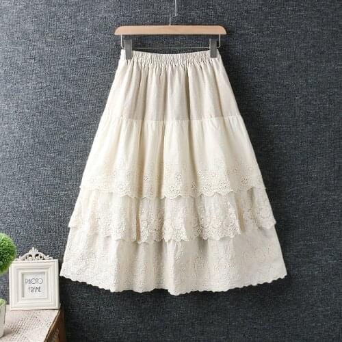 2020 New Summer Women Skirt Mori Girl Literary Fresh Elastic Waist Hollow Embroidery Cotton and linen Loose Skirt Women