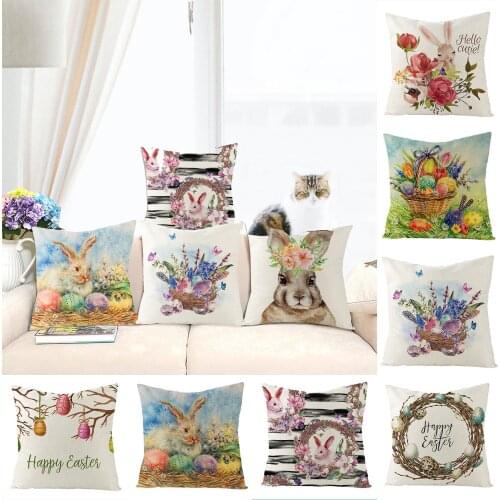 Easter Bunny Square pillowcase Sofa Decorative Floral Rabbit Egg Throw Pillow Case Linen Sqaure Pillow Cover Cushion