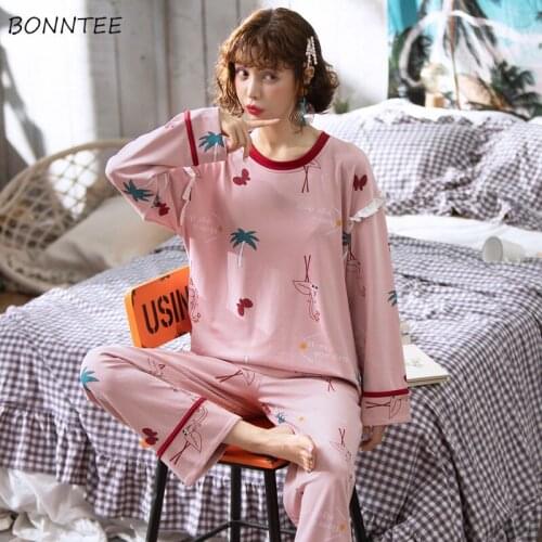 Pajama Sets Women Loose Print Student Casual Fashion Home Lovely Female Sleepwear Korean Style Soft Autumn Prevalent Long Sleeve