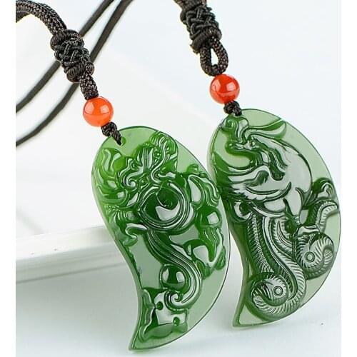 Natural jasper green jade pendant hand carved dragon and phoenix pendants necklace Attached lanyard lover fine jewelry