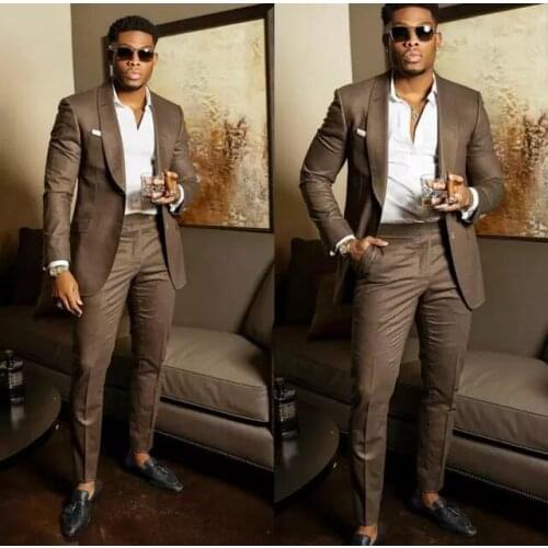 Casual Brown Mens Business Party Suits 2 Piece Shawl Lapel Slim Fit Suits For Men Wedding Suit Groom Tuxedos Formal Blazer Wear