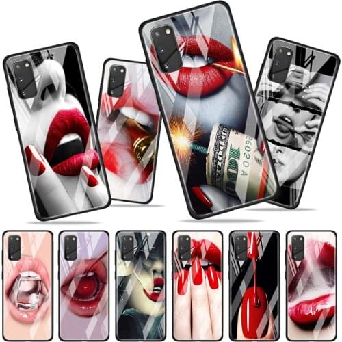 Sexy Red Lips Kiss for Samsung Galaxy S20 FE Ultra Note 20 S10 Lite S9 S8 Plus Luxury Tempered Glass Phone Case Cover