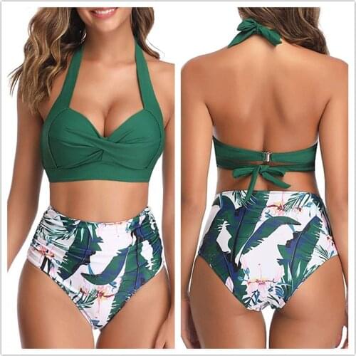 Sexy High Waist Bikini Florial Print Tankini Halter Sexy Bikini Set Polka Dot Female Swimwear Ladies Bathing Suit Plus Size #SRN