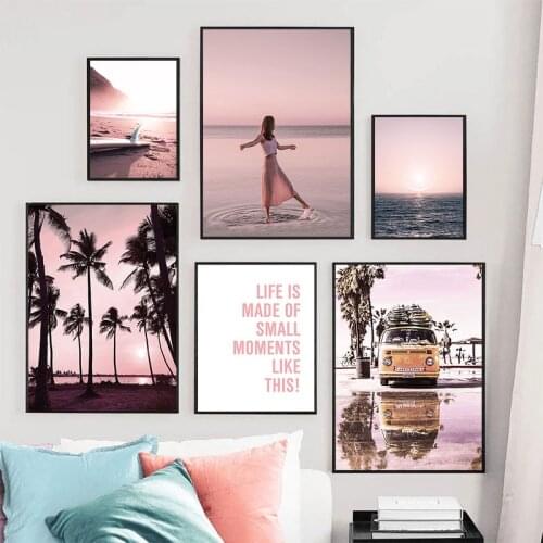 Nordic Nature Pink Style Scenery Canvas Painting Beach Landscape Picture Wall Art Poster and Print for Home Living Room Decor