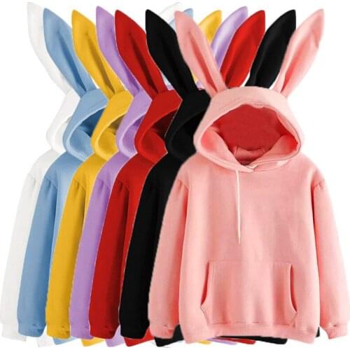 Womens sweet and cute kawaii solid color rabbit ears long-sleeved hooded sweater with pocket drawstring Maiden Pullover hoodie