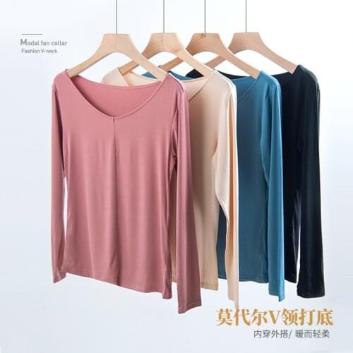Ladies modal long-sleeved bottoming shirt wear thin V-neck spring and autumn one-piece tops winter close-fitting all-match T-shi