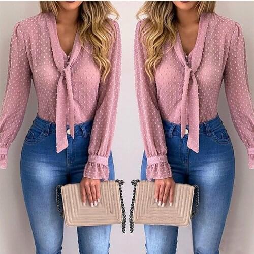 Women New Fashion Elegant Chiffon Blouses Long Sleeve V-Neck Shirt Office Blouse Slim Casual Female Polka Dot Top