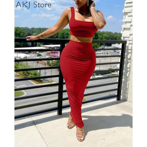 Women Solid Color Sleeveless Camis Top And High Waist Ruched Skirt 2 Piece Set