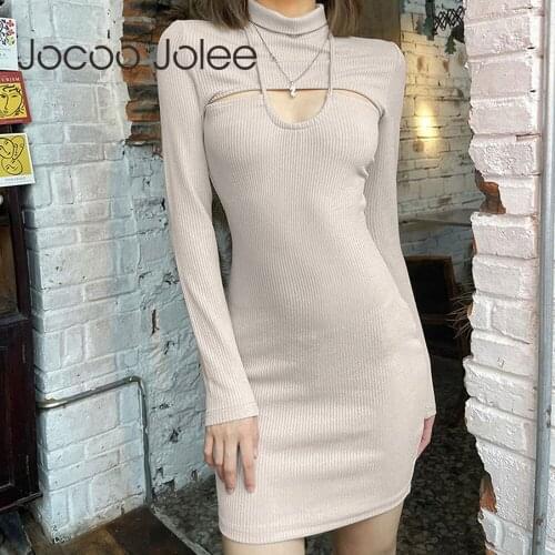 Jocoo Jolee Women Autumn Long Sleeve Knitting Dress Vintage Harajuku Sweater Dress Sexy Hollow Out Bodycon Mini Dress Club Party