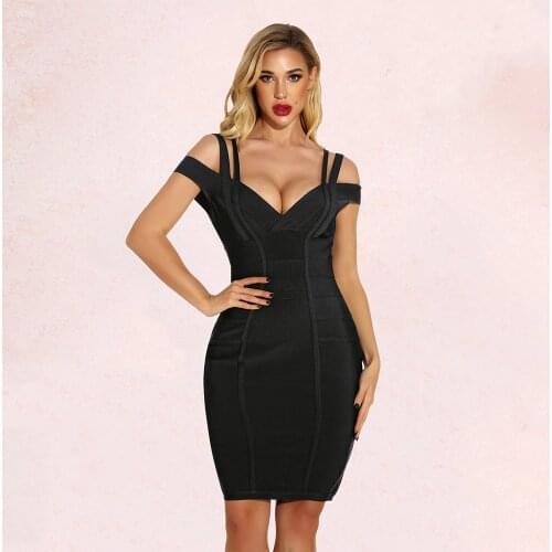 BEAUKEY Black Off Shoulder 2020 Bandage Dress Women Double Strap V Neck Knee Length Party Club Celebrity Maxi Bodycon Vestido