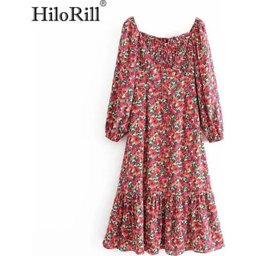 HiloRill Women Floral Print Elegant Dress 2021 Bow Tie Long Sleeve Dress Side Zipper Pleated Midi Dress Female Vestidos Mujer