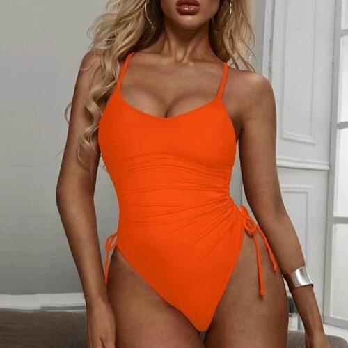 2021 Summer Women Casual Swimsuit Ladies U-shape Collar Sleeveless Pleated Army Green/ Orange/ Khaki/ Black Swimwear Bikinis