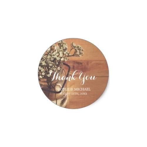 3.8cm Rustic Babys Breath Mason Jar Wood Wedding Classic Round Sticker