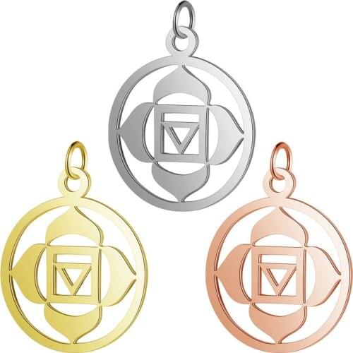 5pcs Titanium Stainless Steel Yoga Bottom Wheel Chakra Charms 26x19mm Gold Round Tag Disk Pendant DIY Jewelry Findings Supplier