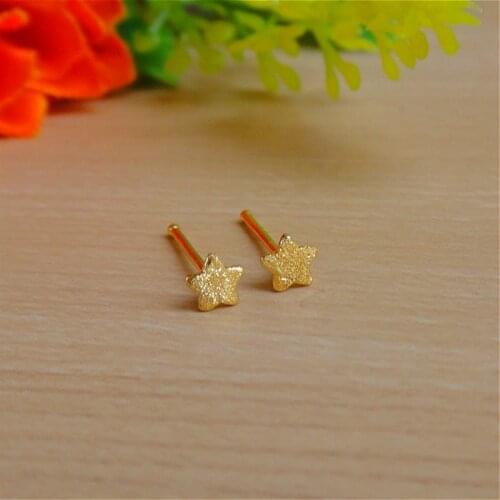 999 Real 24K Yellow Gold Earrings Women Luck Brush-finished Star Stud Earrings 0.4g 3.8mmW Beauty Women Earrings