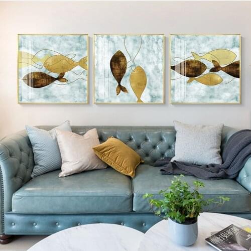 Abstract Yellow Brown Color Fish Canvas Painting Cute Poster Print Unique Wall Art Pictures For Living Room Dining Room Decor