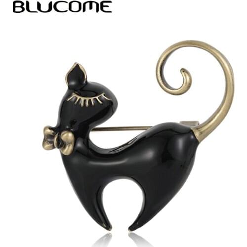 Blucome Retro Enamel Black White Cat Shape Brooches Gifts Gold Color Alloy Bownot Animal Brooch Lapel Pins Bag Hat Accessories
