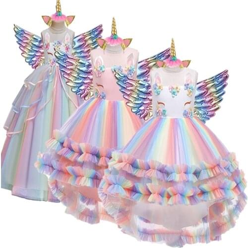 2021 Big Girls Wedding Party Long Dress Colorful Mesh Cake Fluffy Dress Girls Unicorn Princess Dress Festival Performance Dress