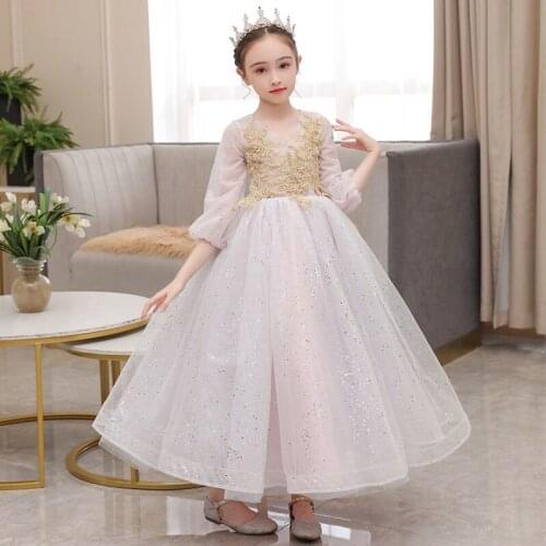 Flower Girl Dresses Illusion V-Neck Embroidery Beading Sequined Three Quarter Princess Floor-Length Tulle Kids Party Gown H403