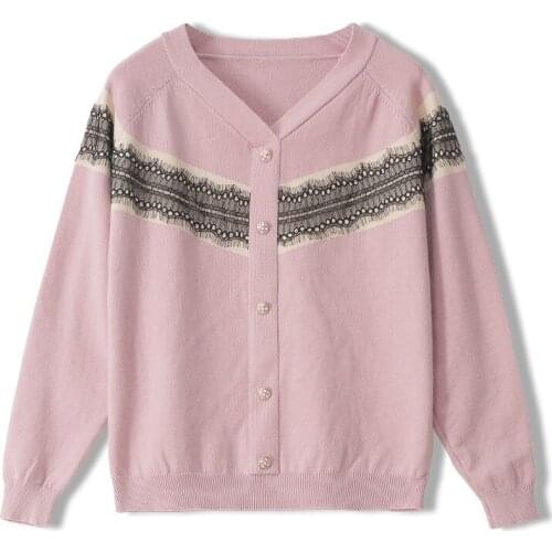 Autumn Female Jumpers Vintage Trend Novel Design American Womens Lace Pink V-Neck Knitted Cardigan Women Sweater Casual Top