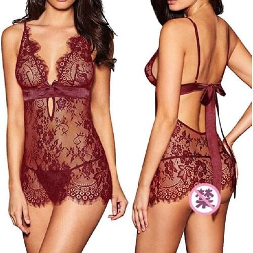 2XL-SHot Selling Sexy Underwear Eyelashes Lace Night Skirt Erotic Baby Lingerie Suit Wholesale Black Red