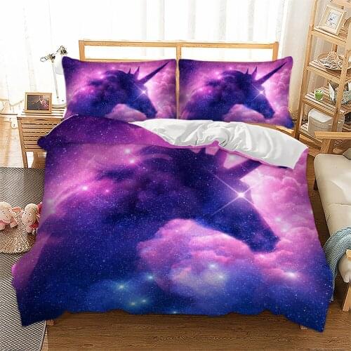 Fantasy Stars Galaxy Unicorn Bedding Set Kids Girls Psychedelic Space Duvet Cover 3 Pcs Pink Purple Sparkly Unicorn Bedspread