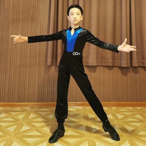 Latin Dance Costume Boys Practice Wear Velvet Long Sleeve Professional Competition Clothes Split Suit Male Latin Trousers BL5034