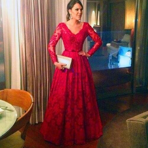 A Line Lace Evening Dresses V Neck Long Sleeve Prom Dresses Red Elegant Zipper Back Formal Dresses Evening Gowns