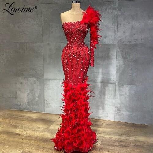 Lowime Feathers Red Evening Dresses Long Handmade Beading Sequins Formal One Shoulder Party Dress Dubai Arabic Luxury Prom Dress
