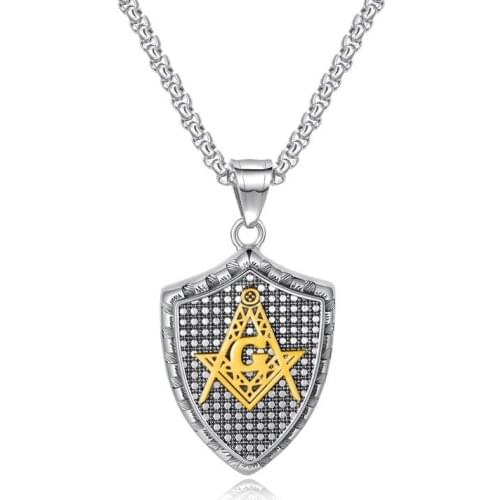 Hip Hop Rock Stainless Steel Shield Freemason Masonic Pendant Necklaces for Men Jewelry Gold Sivler Black Color Drop Shipping
