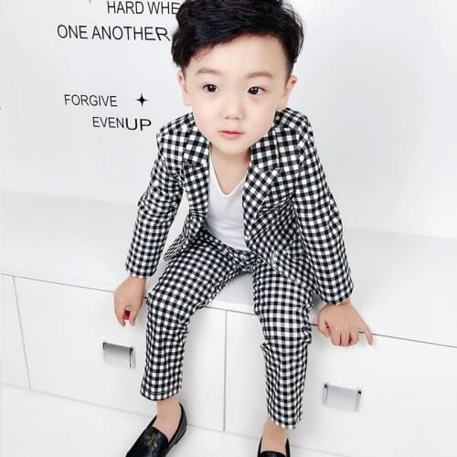 New Fashion Plaid Balzer Suit For Kids Wedding Flower Boys Dress MODIS Kids Blazer Pant 2 Parts Baby Boy Jacket Clothing Sets