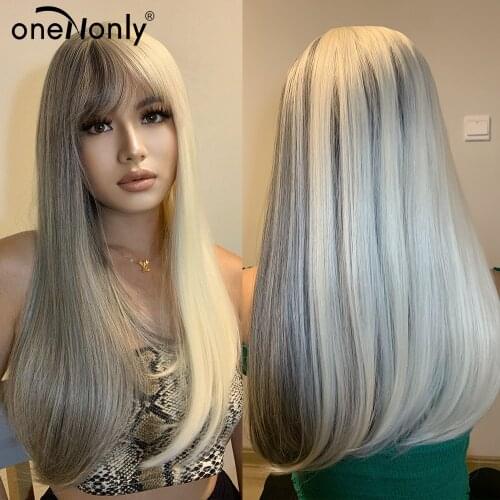 OneNonly Long Straight Light Blonde and Gray Two Tone Omber Synthetic Wigs with Bangs for Women Christmas Cosplay Party Hair