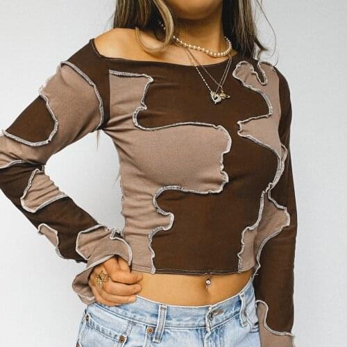 Autumn Fashion Women Patchwork Crop Tops Skew collar Tees Casual Pullover Brown Long Sleeve Close-fitting Top S- XL
