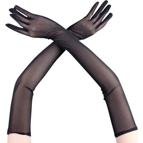 55cm Sexy Lace Thin Black Hollow Transparent Long Gloves Soft Breathable Solid Net Yarn Women Man Performance Party Elasticity