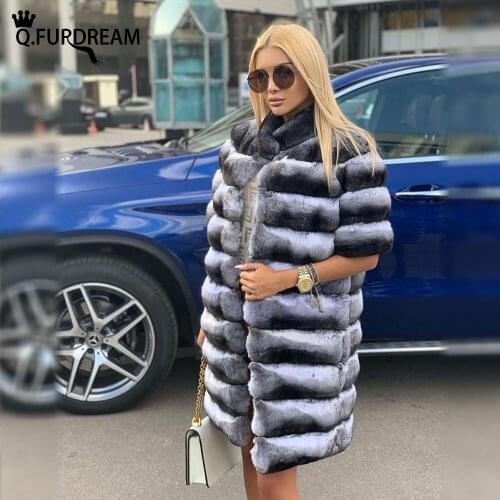 Q.FURDREAM Fashion Long Real Rex Rabbit Fur Coat Stand Collar Short Sleeves Jacket Autumn Winter Trendy Warm Thick Clothing